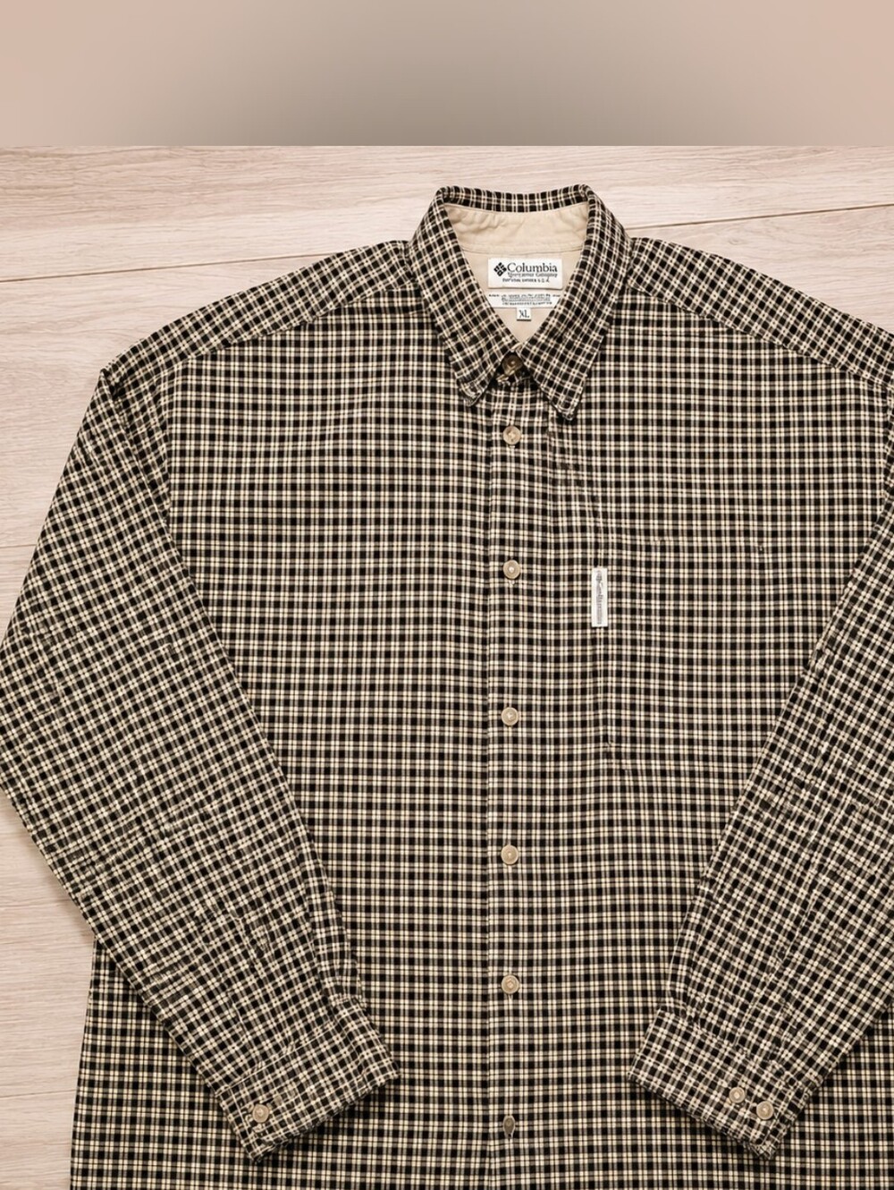 Columbia Button Down Shirt Mens Xl Black Cream Check Plaid Long Sleeve Pocket